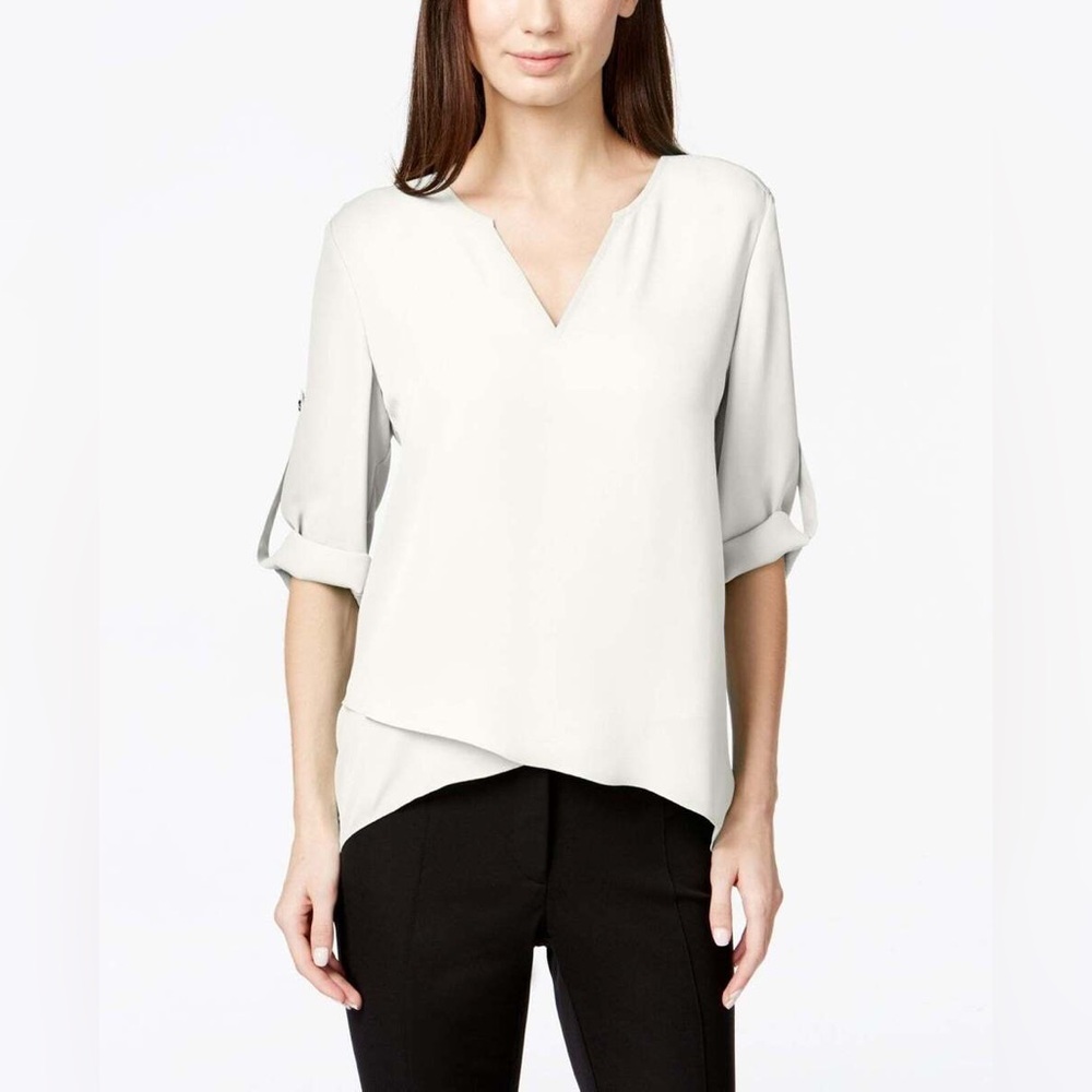 Alfani Top White Blouse Size 8 V Neck High Low Hem 3/4 Sleeve